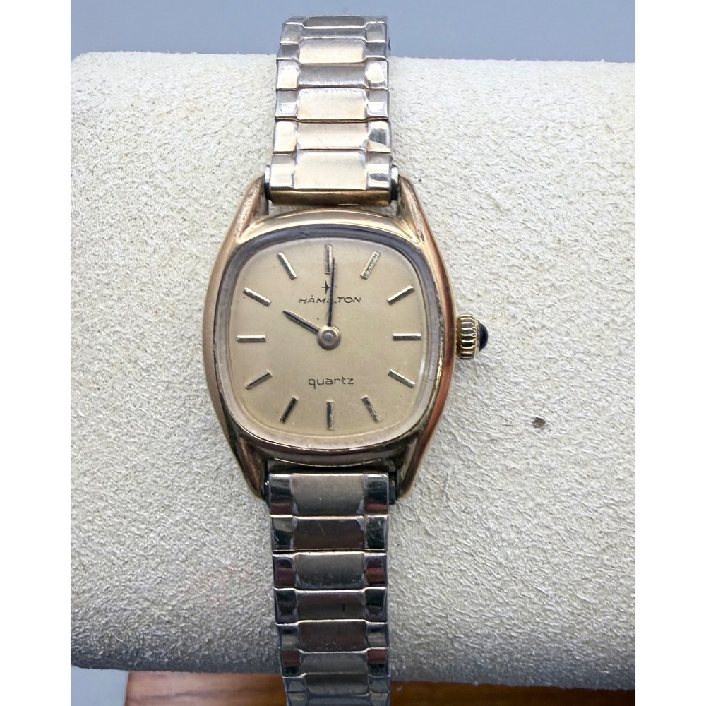 Vintage Hamilton Swiss Quartz Gold Tone Watch Black Cabochon Crown Parts Repair